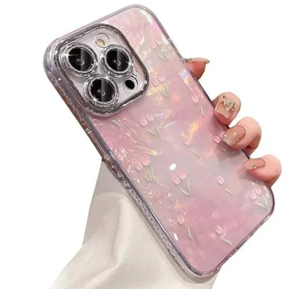 Iphone 16 16 Pro 16 Pro Max Cute Pink Tulip Floral Glitter Protective Cover - Picture 1 of 6